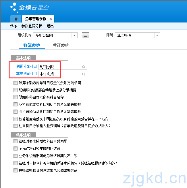 总账参数中设置本年利润和利润分配科目